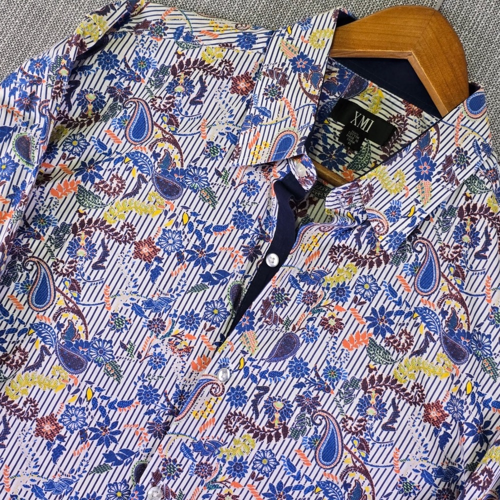 XMI Shirt Mens XL Paisley Floral Striped Blue Button-Up Bohemian Maximalist